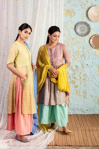Lilac Kurta with mint sharara and yellow dupatta - Naaz By Noor