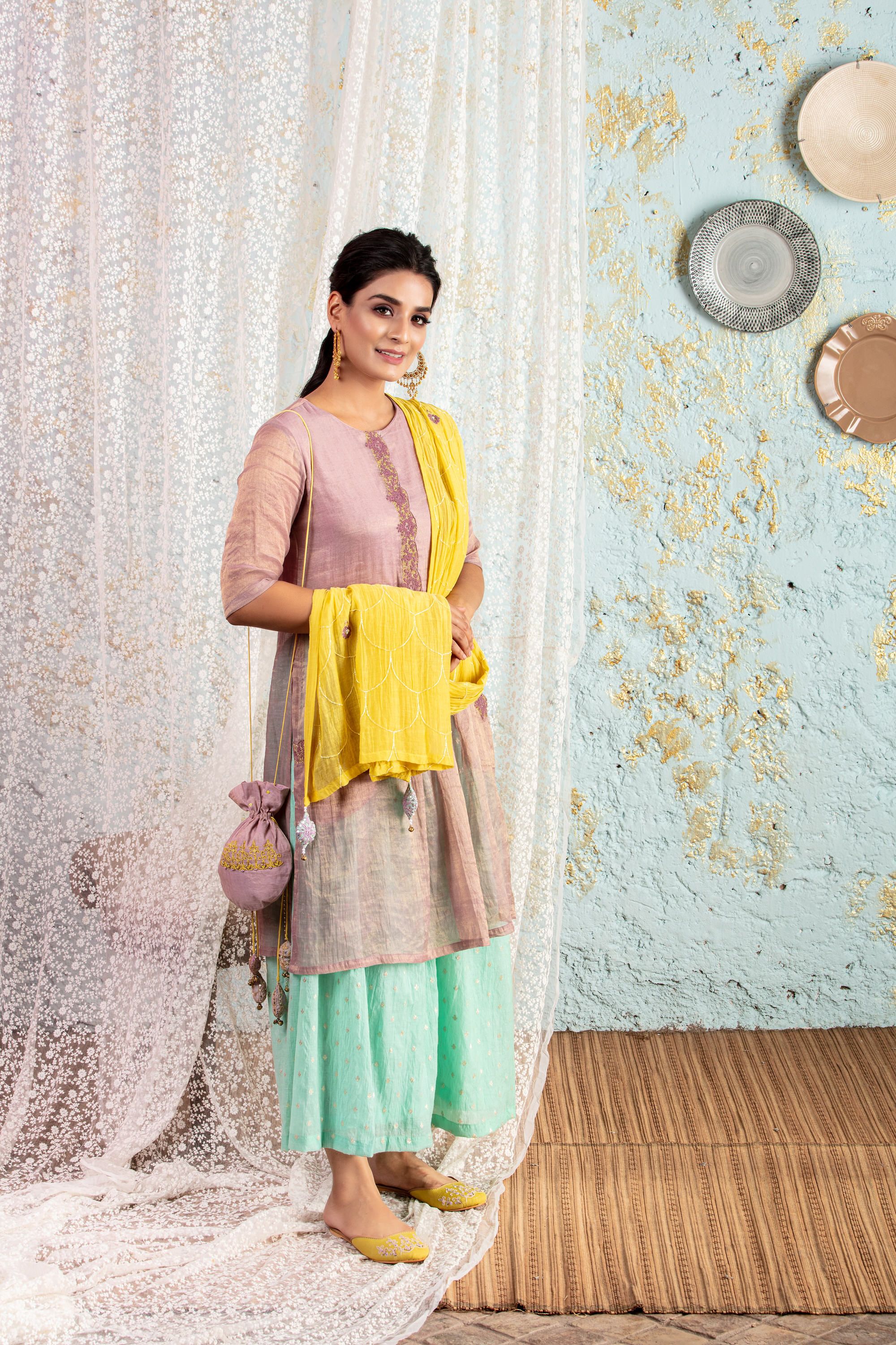 Lilac Kurta with mint sharara and yellow dupatta - Naaz By Noor