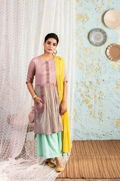 Lilac Kurta with mint sharara and yellow dupatta - Naaz By Noor