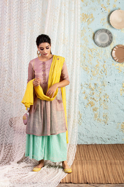 Lilac Kurta with mint sharara and yellow dupatta - Naaz By Noor
