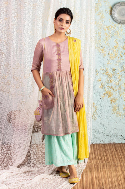Lilac Kurta with mint sharara and yellow dupatta - Naaz By Noor