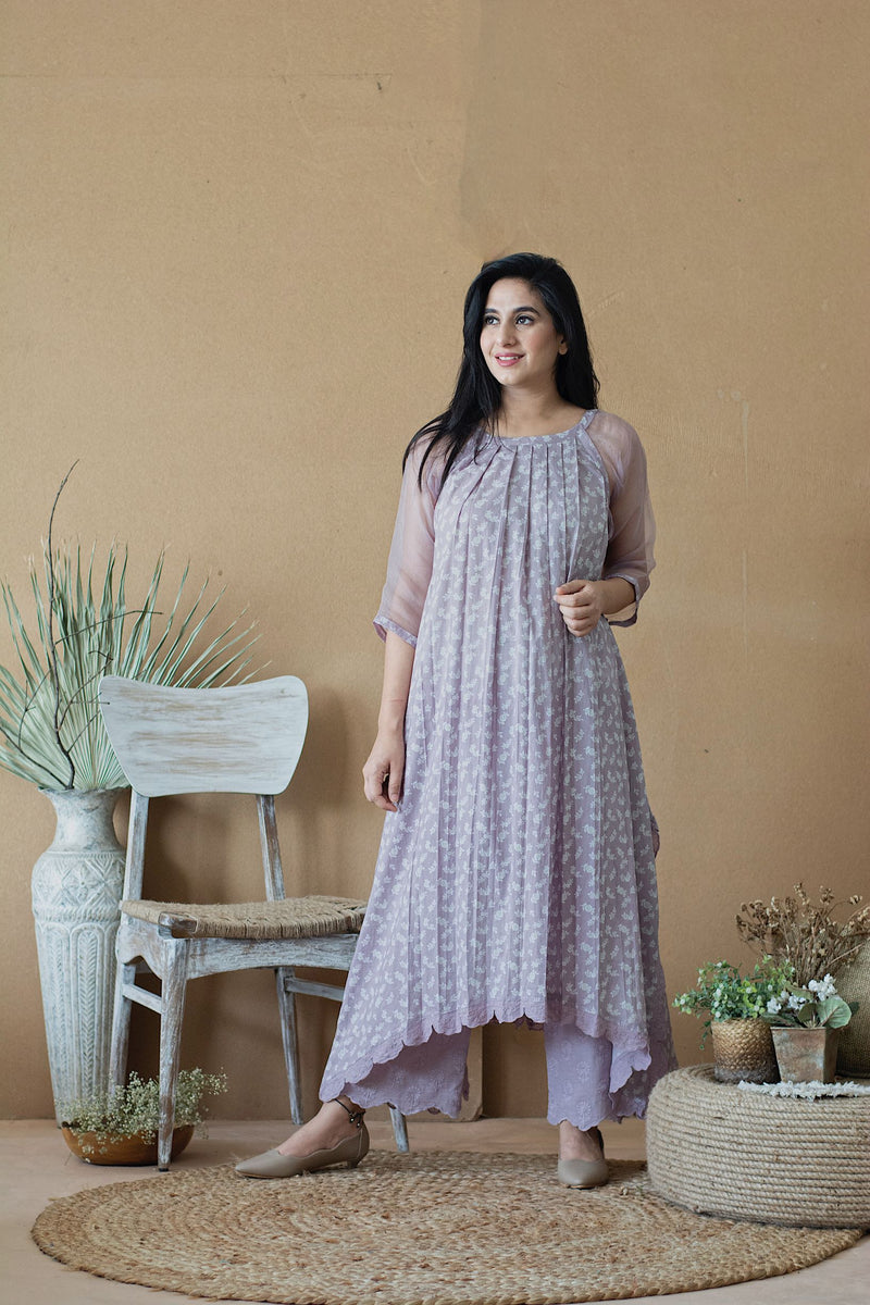 LILAC MUSK PLEATED KURTA WITH PANTS - Naaz By Noor