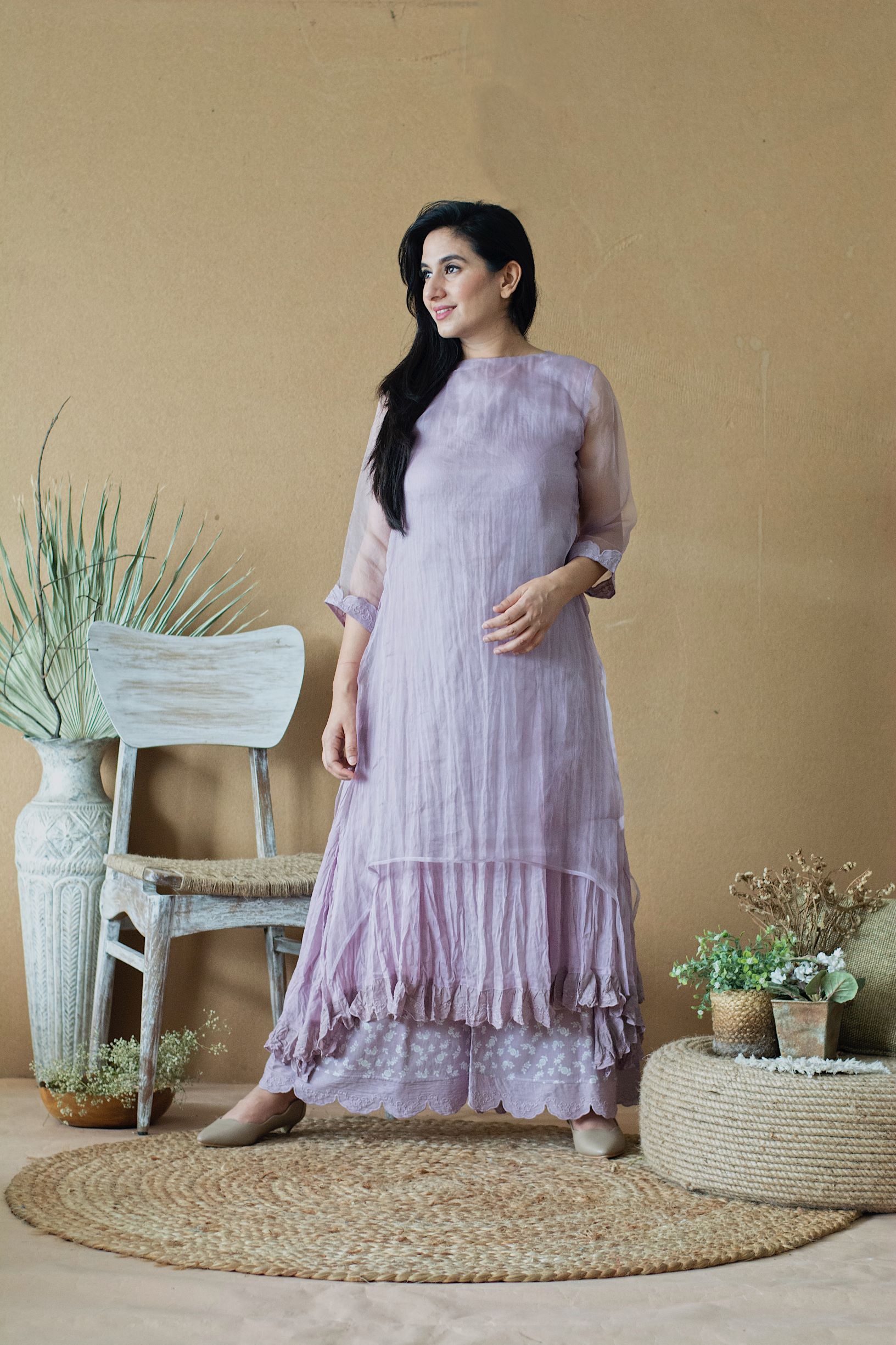LILAC MUSK LAYERED KURTA WITH PANTS AND DUPATTA - Naaz By Noor