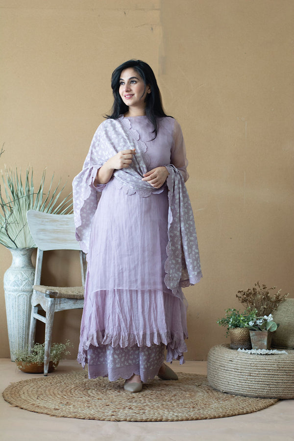 LILAC MUSK LAYERED KURTA WITH PANTS AND DUPATTA - Naaz By Noor