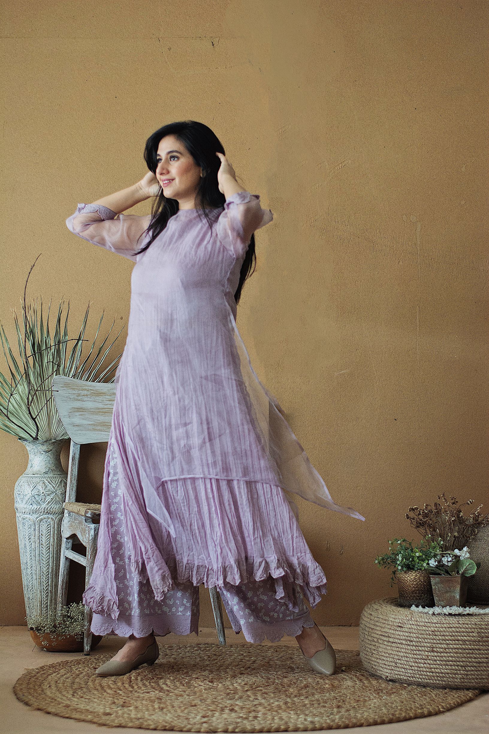 LILAC MUSK LAYERED KURTA WITH PANTS AND DUPATTA - Naaz By Noor