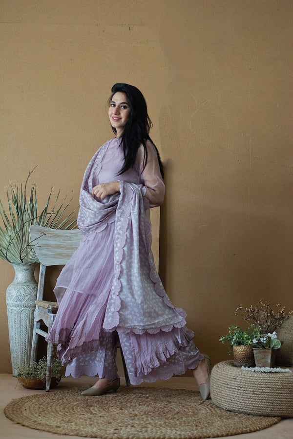 LILAC MUSK LAYERED KURTA WITH PANTS AND DUPATTA - Naaz By Noor