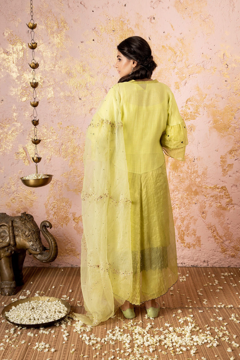 Lime Embroidered KurtaSet With Dupatta And Overlay - Naaz By Noor