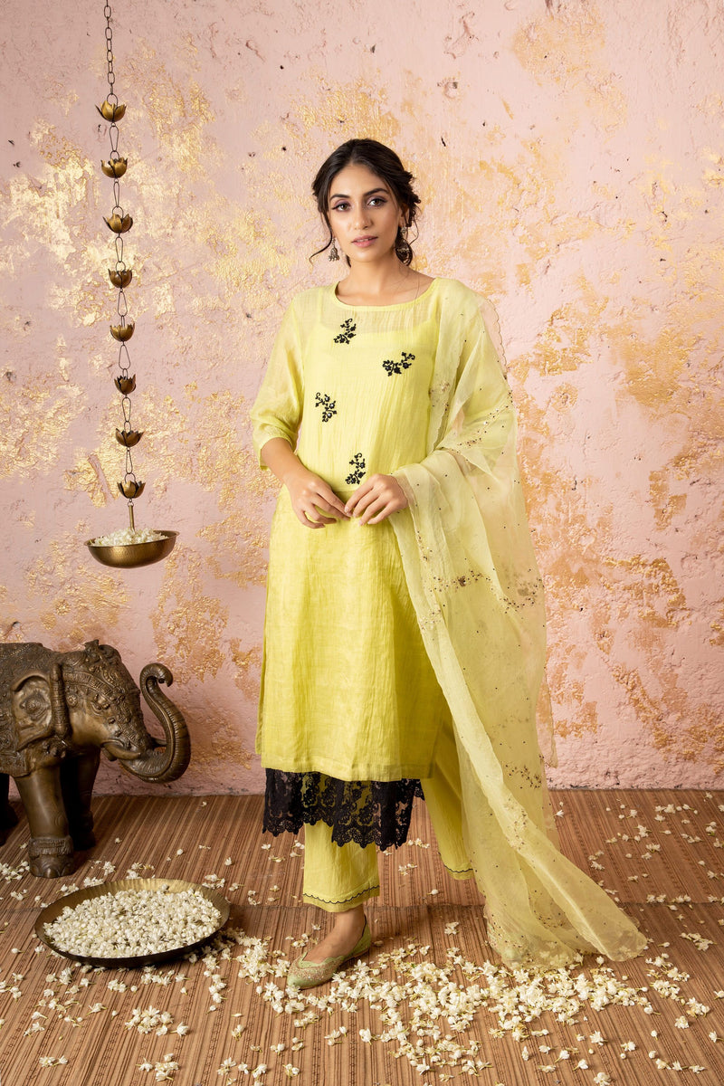 Lime Embroidered KurtaSet With Dupatta And Overlay - Naaz By Noor