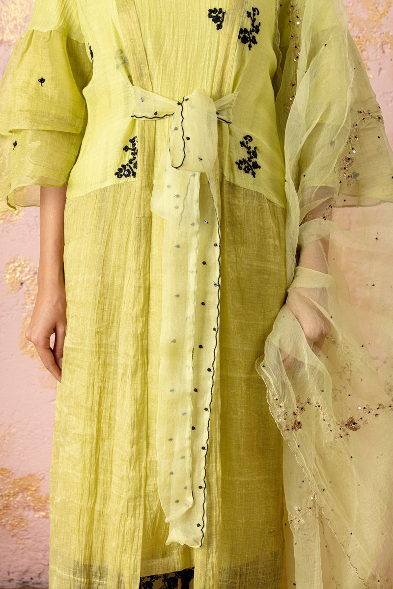 Lime Embroidered KurtaSet With Dupatta And Overlay - Naaz By Noor