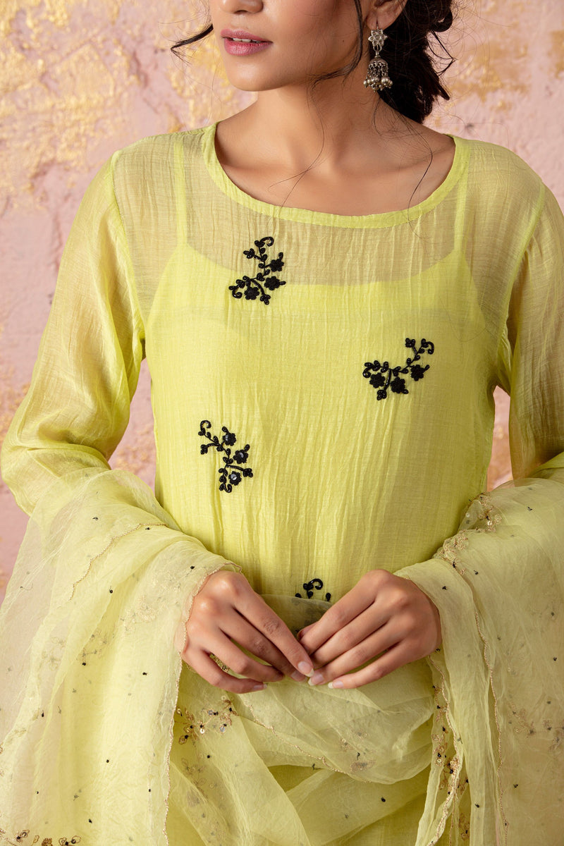 Lime Embroidered KurtaSet With Dupatta And Overlay - Naaz By Noor