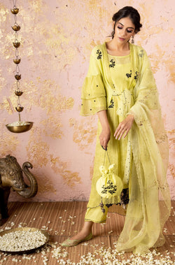 Lime Embroidered KurtaSet With Overlay - Naaz By Noor