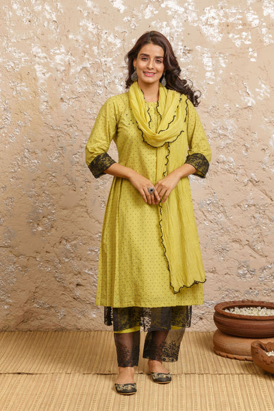 Lime Green Embroidered Kurta With Pants And Dupatta - Naaz By Noor