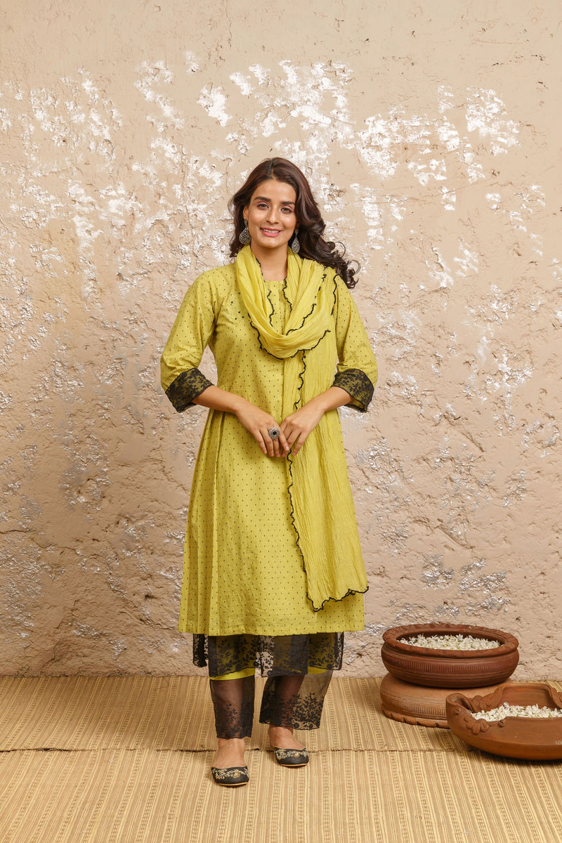 Lime Green Embroidered Kurta With Pants (Without Dupatta) - Naaz By Noor