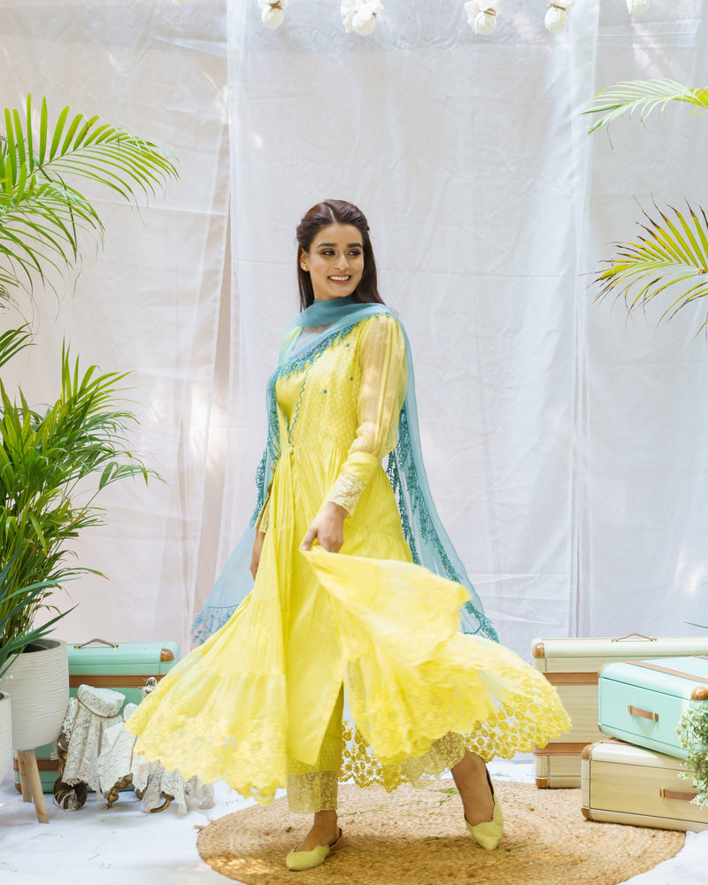 LIME GREEN OVERLAY OUTFIT (WITH DUPATTA) - Naaz By Noor