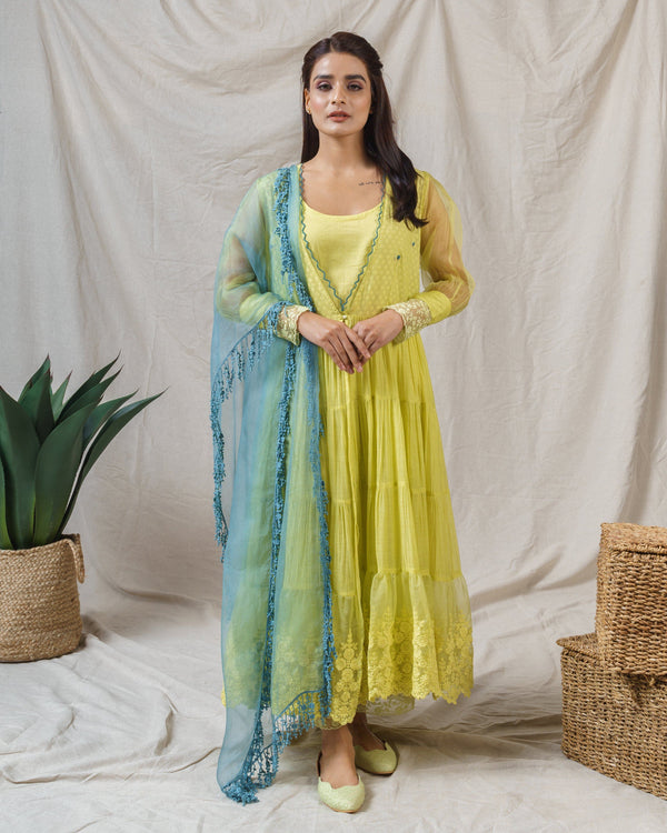 LIME GREEN OVERLAY OUTFIT (WITH DUPATTA) - Naaz By Noor