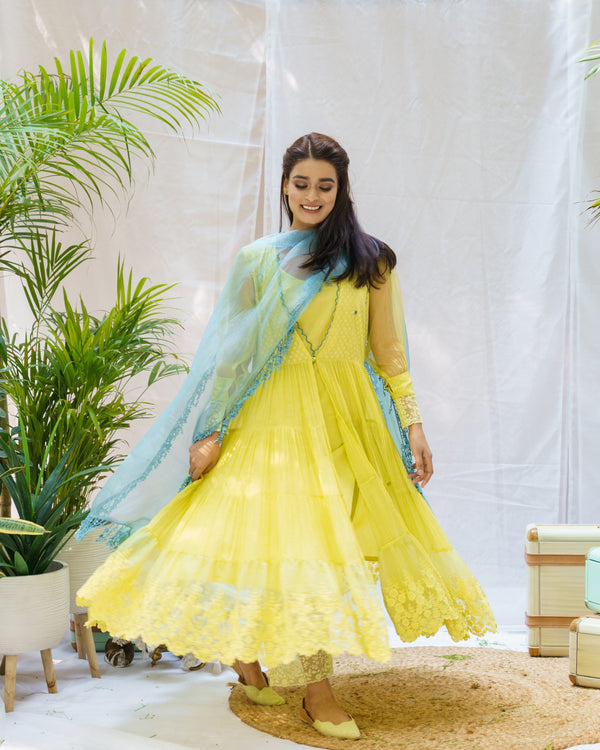 LIME GREEN OVERLAY OUTFIT (WITH DUPATTA) - Naaz By Noor