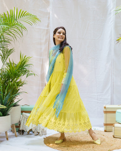 LIME GREEN OVERLAY OUTFIT (WITH DUPATTA) - Naaz By Noor