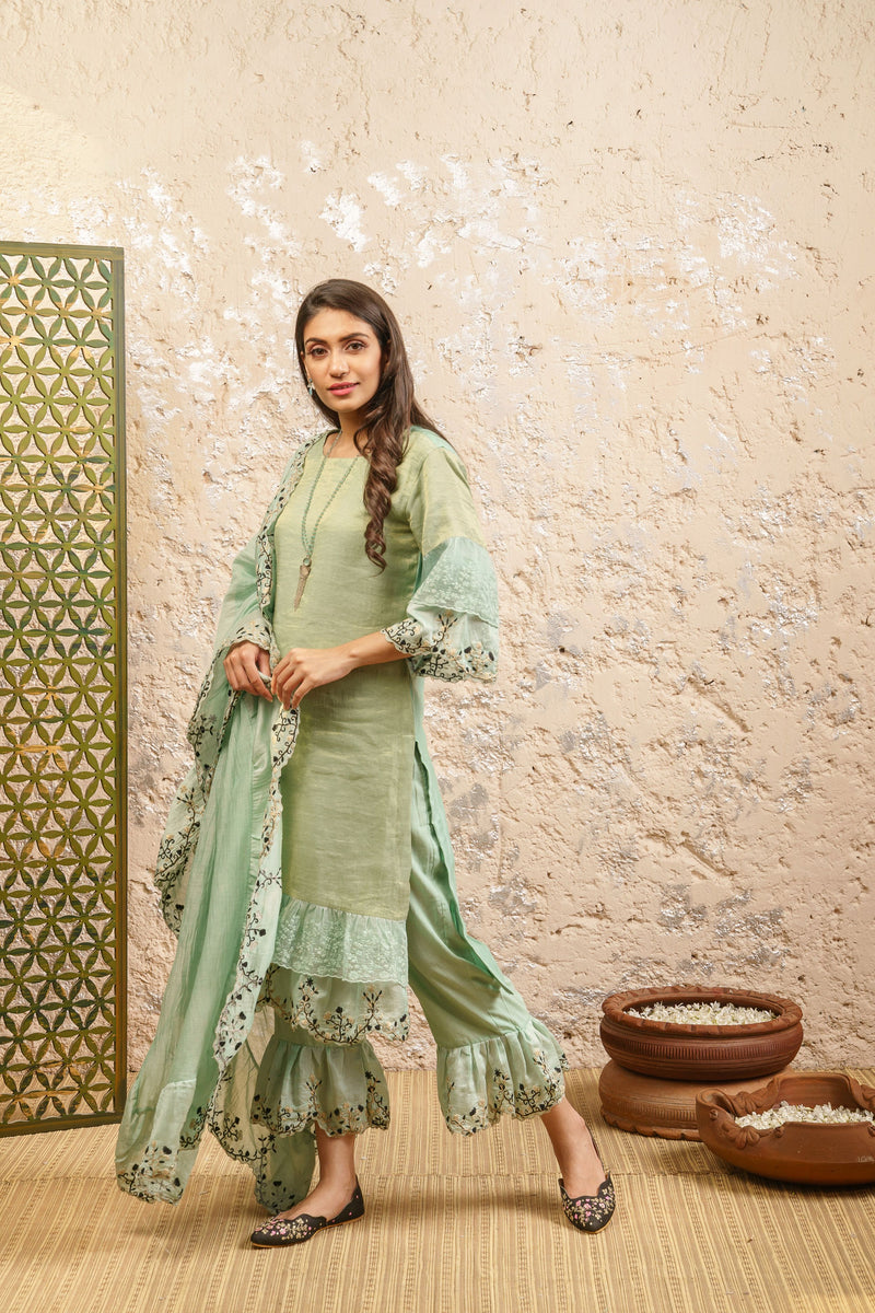 Mint Green Kurta With Pants And Dupatta - Naaz By Noor