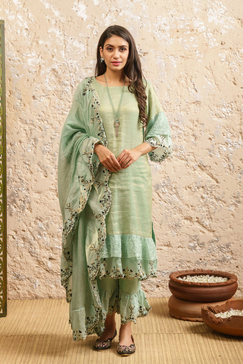 Mint Green Kurta With Pants And Dupatta - Naaz By Noor