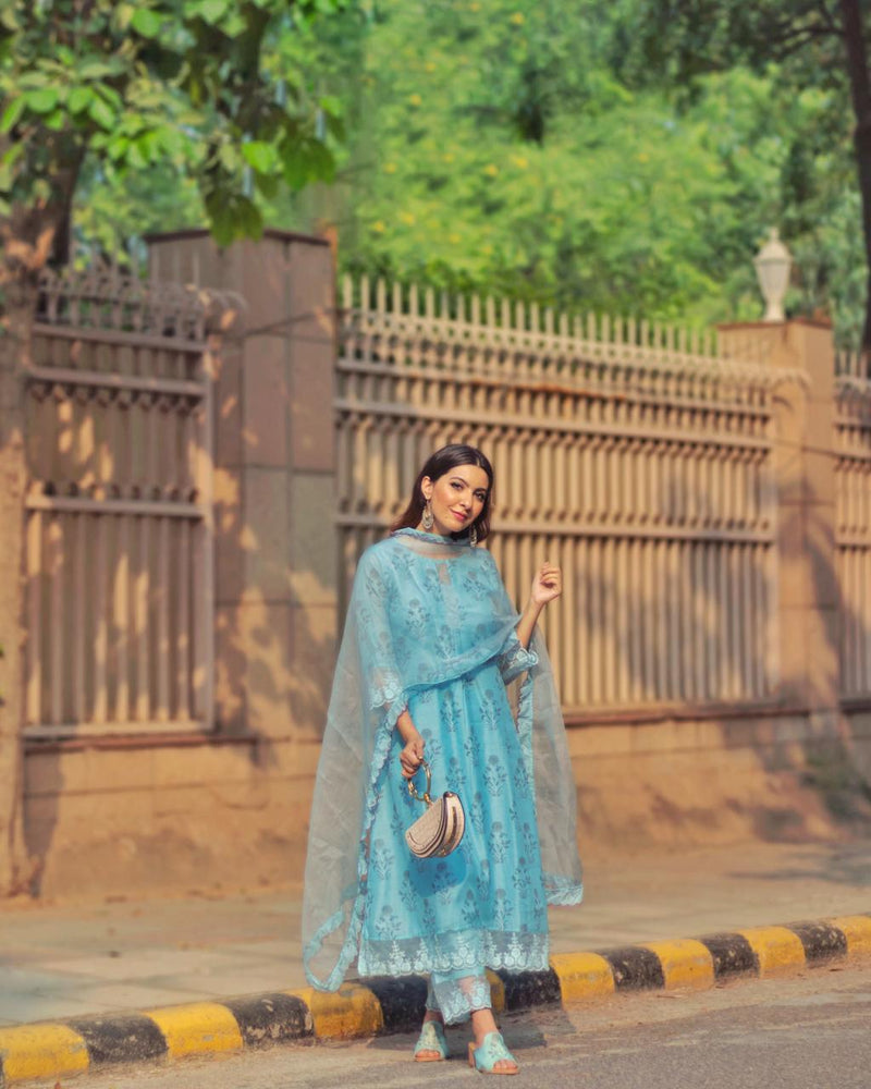 MIST BLUE PRINTED ENSEMBLE - Naaz By Noor