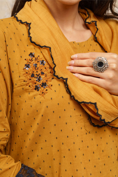 Mustard Embroidered Kurta With Pants And Dupatta - Naaz By Noor