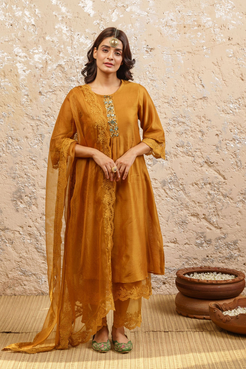 Mustard Embroidered Kurta With Pants And Dupatta - Naaz By Noor