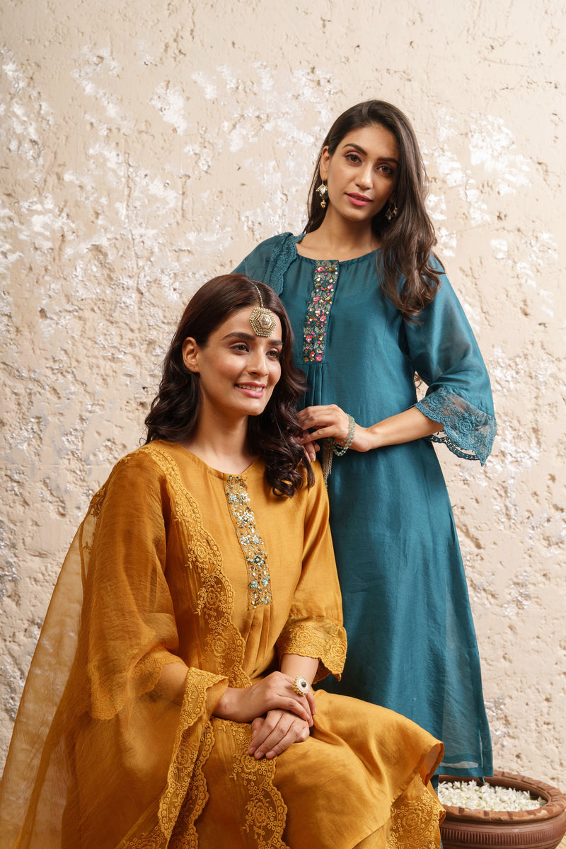 Mustard Embroidered Kurta With Pants And Dupatta - Naaz By Noor