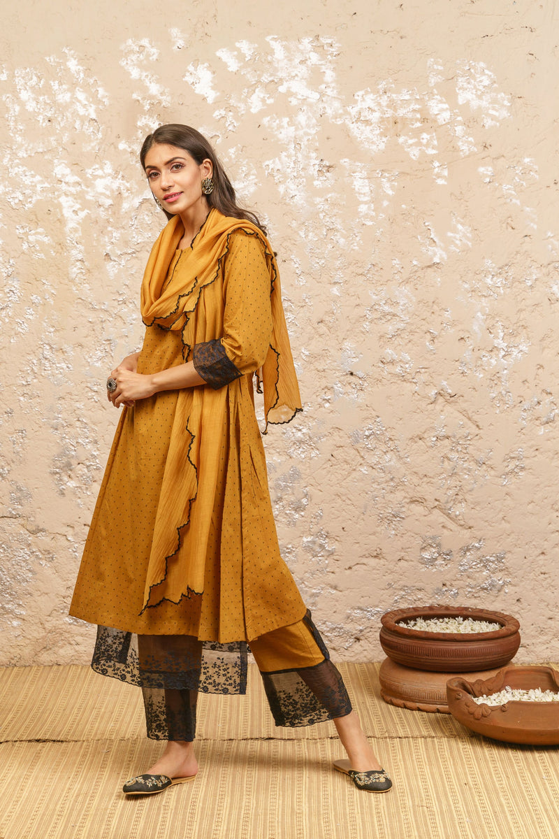 Mustard Embroidered Kurta With Pants And Dupatta - Naaz By Noor