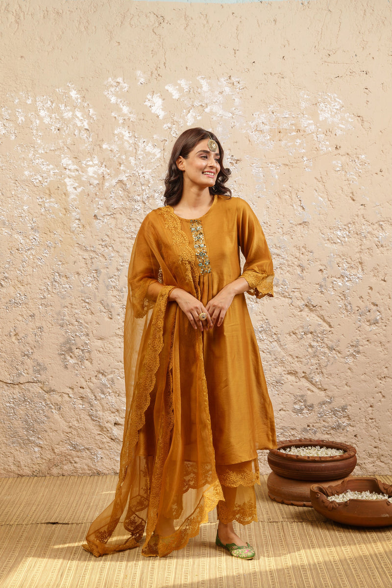 Mustard Embroidered Kurta With Pants And Dupatta - Naaz By Noor