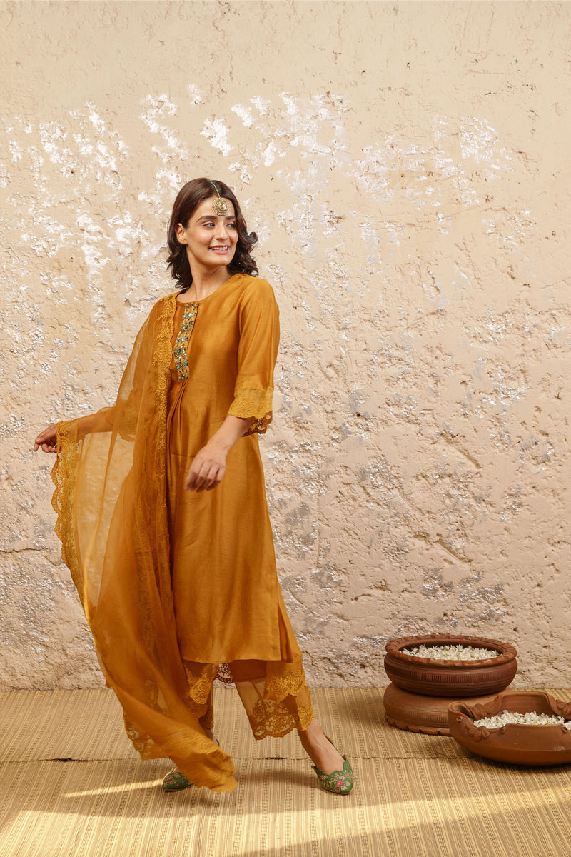 Mustard Embroidered Kurta With Pants And Dupatta - Naaz By Noor