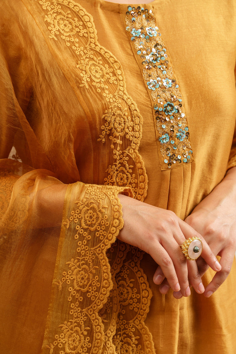 Mustard Embroidered Kurta With Pants And Dupatta - Naaz By Noor