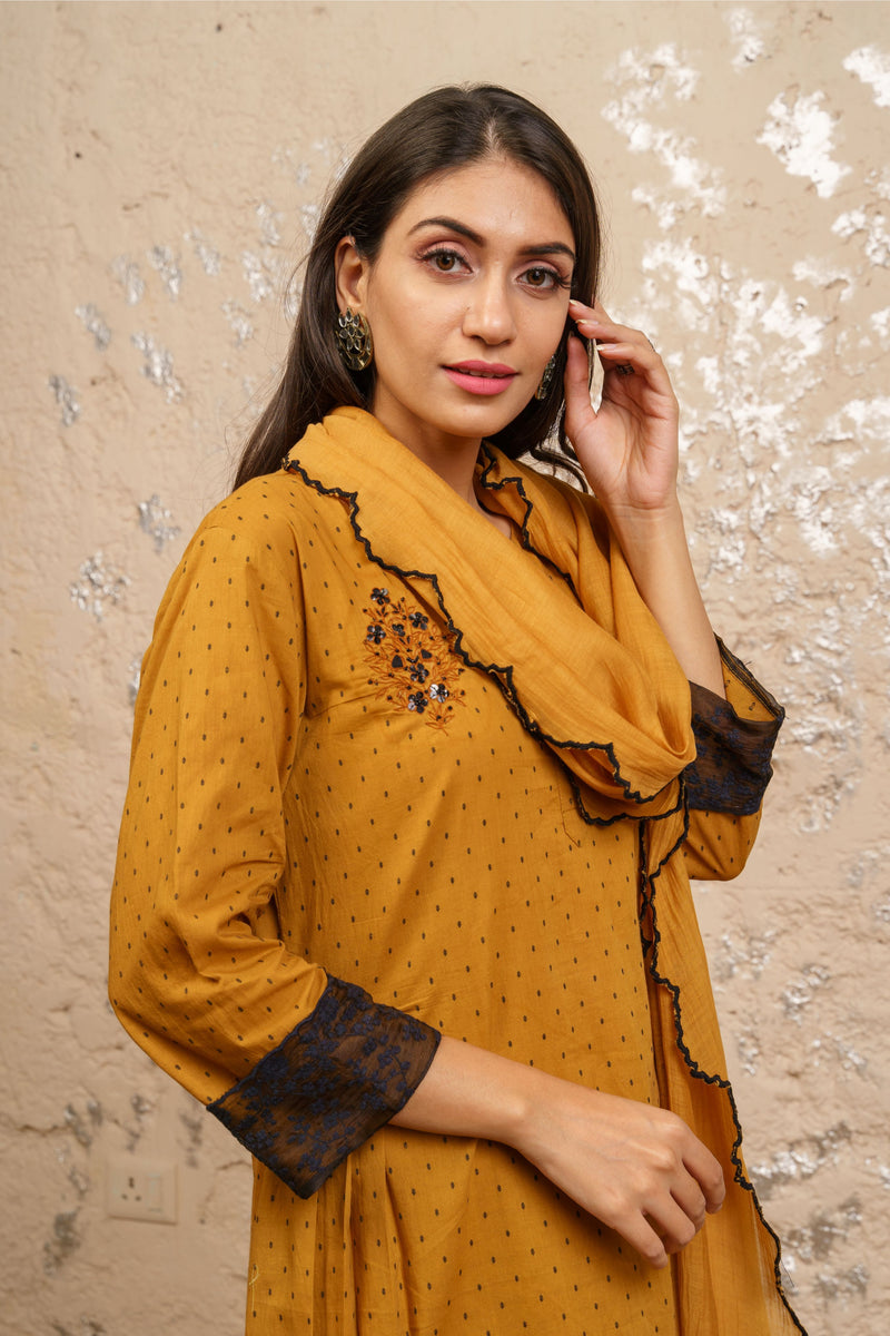 Mustard Embroidered Kurta With Pants And Dupatta - Naaz By Noor