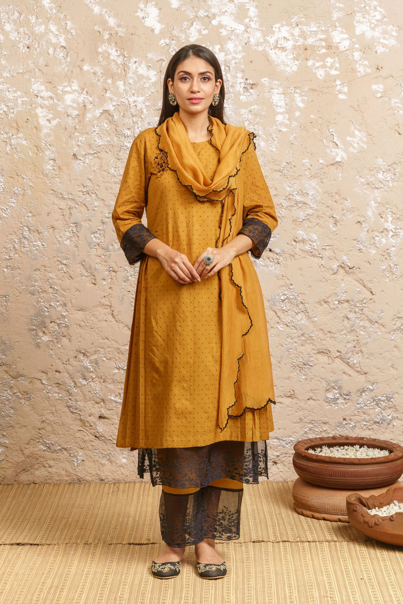 Mustard Embroidered Kurta With Pants And Dupatta - Naaz By Noor