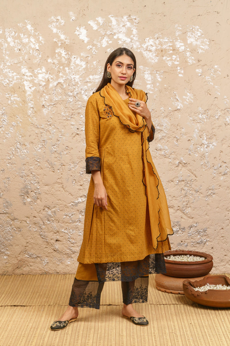 Mustard Embroidered Kurta With Pants And Dupatta - Naaz By Noor