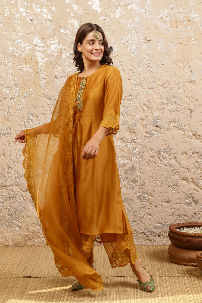 Mustard Embroidered Kurta With Pants (Without Dupatta) - Naaz By Noor