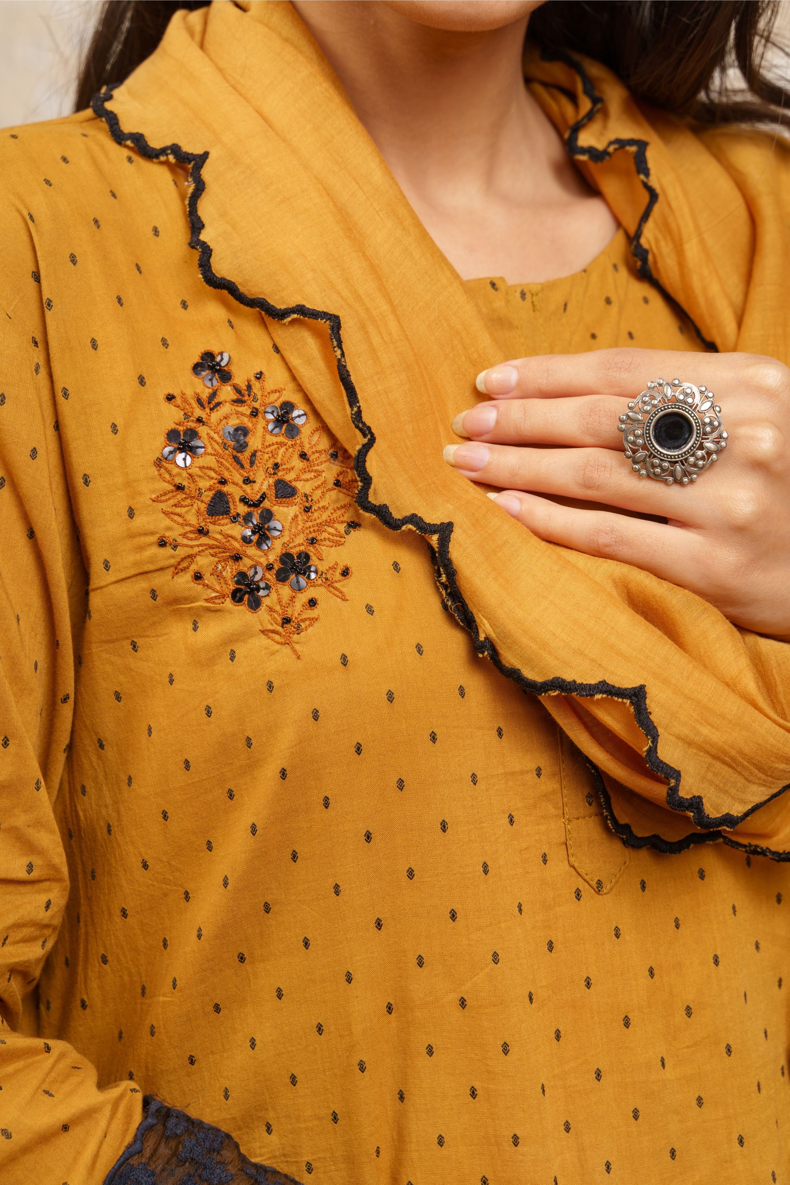 Mustard Embroidered Kurta With Pants (Without Dupatta) - Naaz By Noor