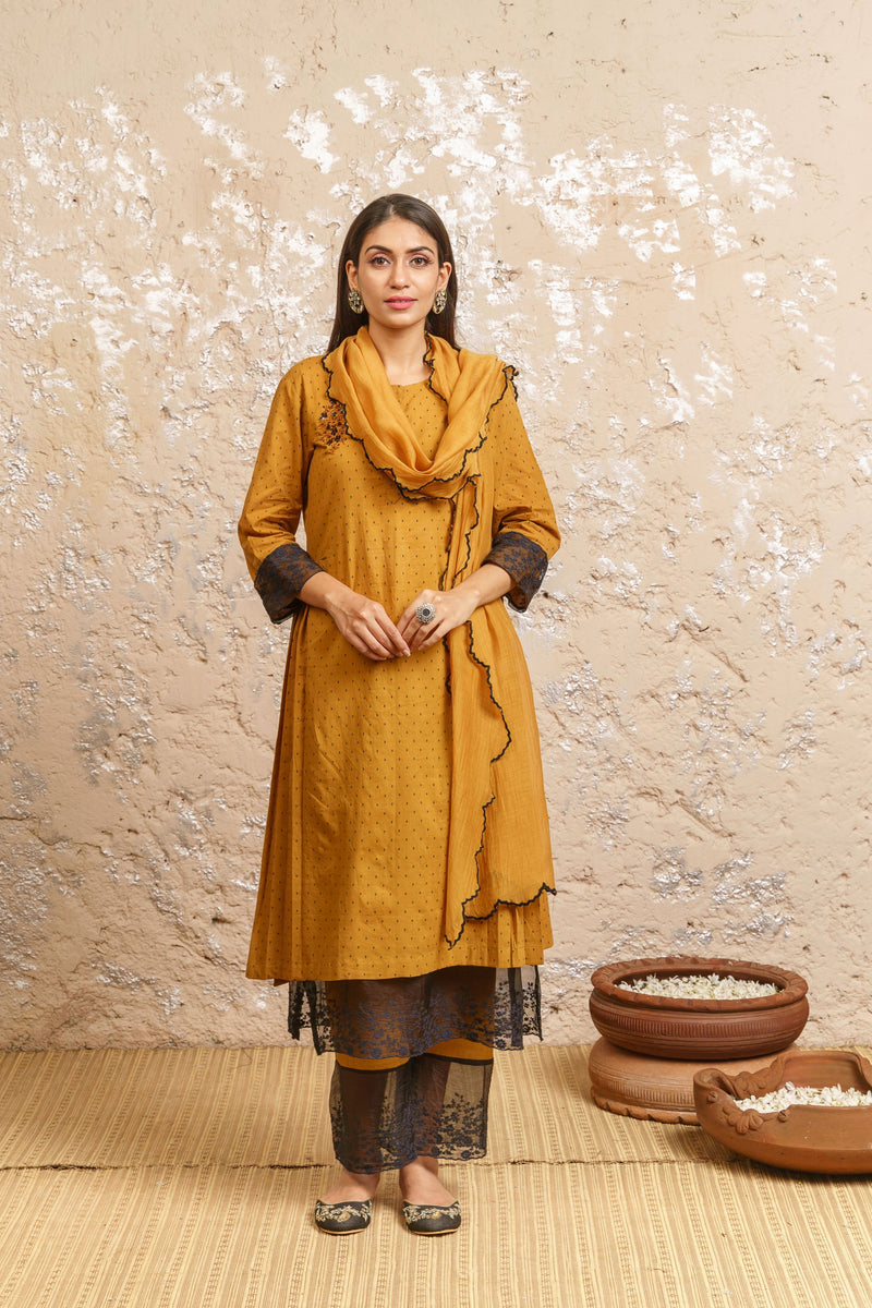 Mustard Embroidered Kurta With Pants (Without Dupatta) - Naaz By Noor