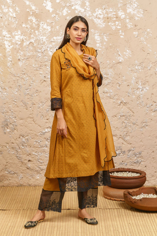 Mustard Embroidered Kurta With Pants (Without Dupatta) - Naaz By Noor