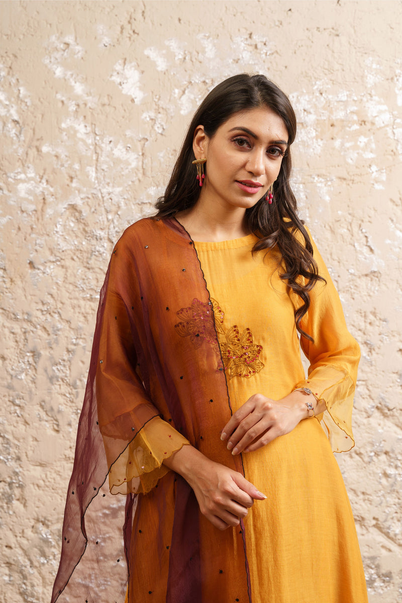 Mustard Kurta With Pants And Dupatta - Naaz By Noor