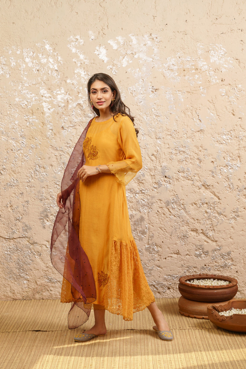 Mustard Kurta With Pants And Dupatta - Naaz By Noor