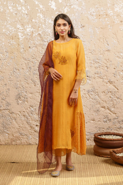 Mustard Kurta With Pants And Dupatta - Naaz By Noor
