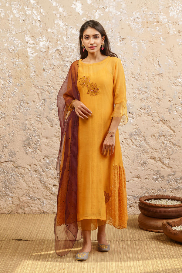 Mustard Kurta With Pants And Dupatta - Naaz By Noor