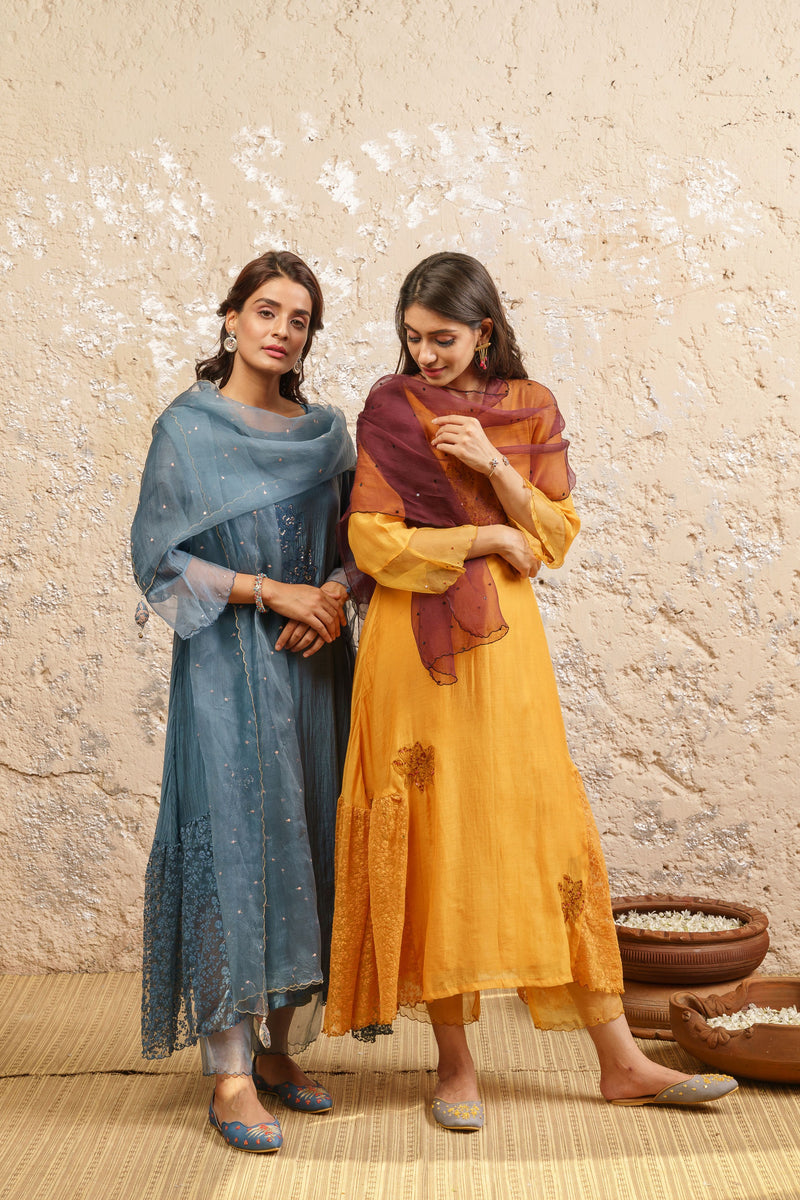 Mustard Kurta With Pants And Dupatta - Naaz By Noor