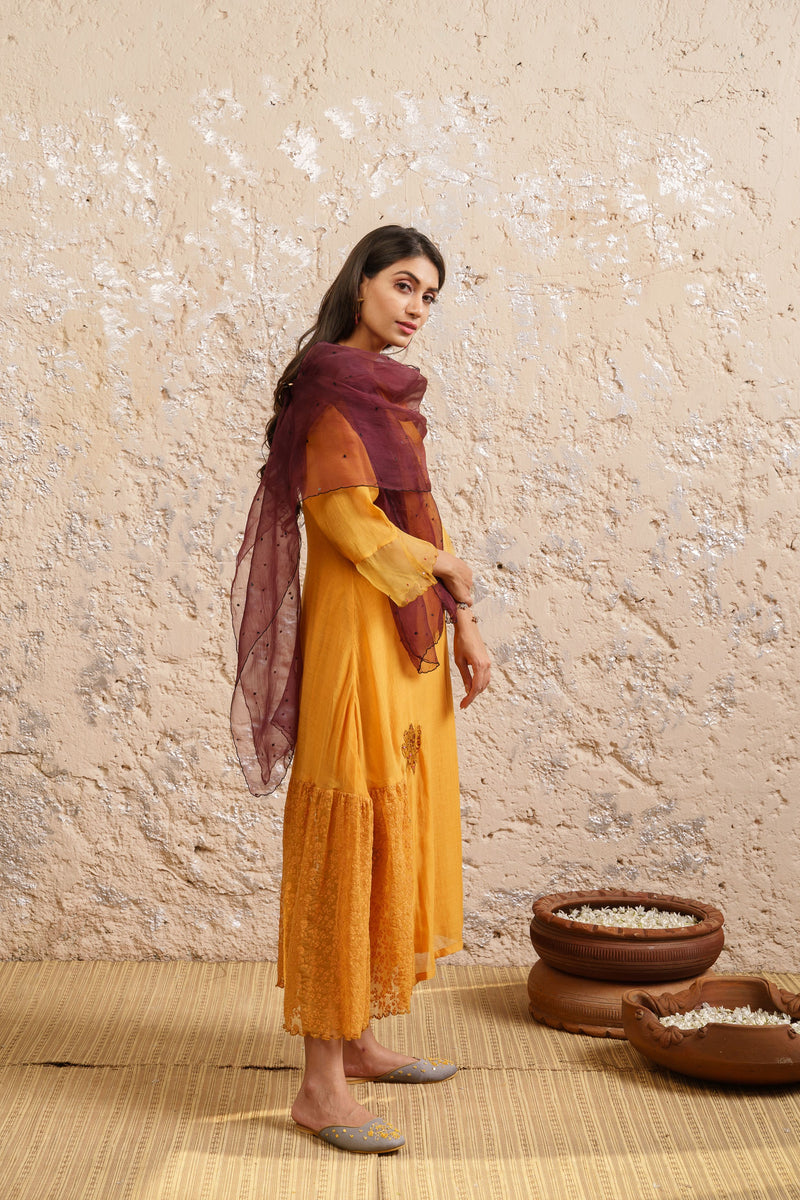 Mustard Kurta With Pants And Dupatta - Naaz By Noor