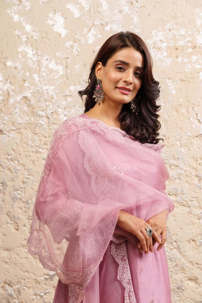 Old Rose Embroidered Kurta With Pants And Dupatta - Naaz By Noor