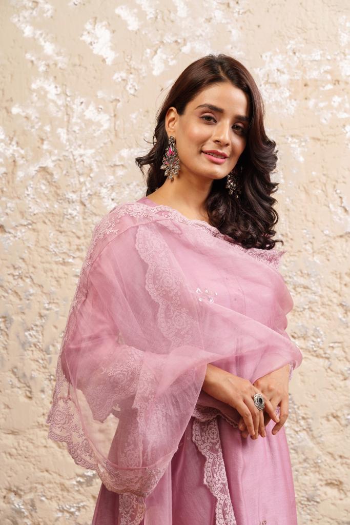 Old Rose Embroidered Kurta With Pants And Dupatta - Naaz By Noor