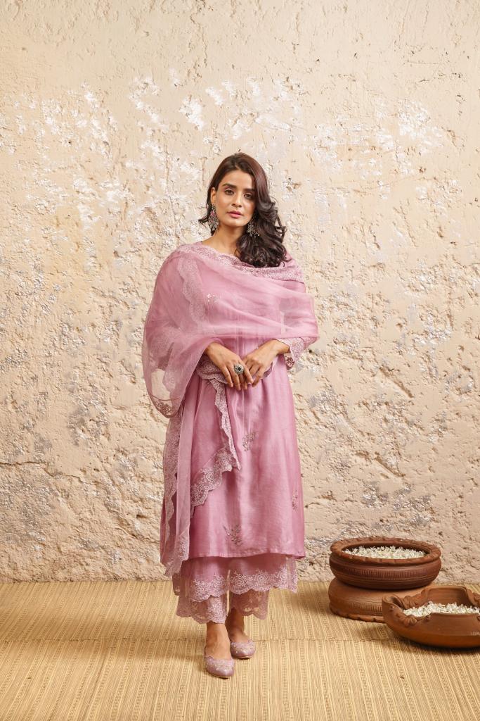 Old Rose Embroidered Kurta With Pants And Dupatta - Naaz By Noor