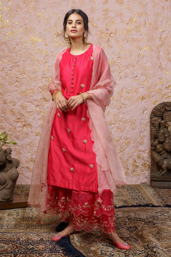 Rani Pink Embroidered Kurta Pant Set with Dupatta