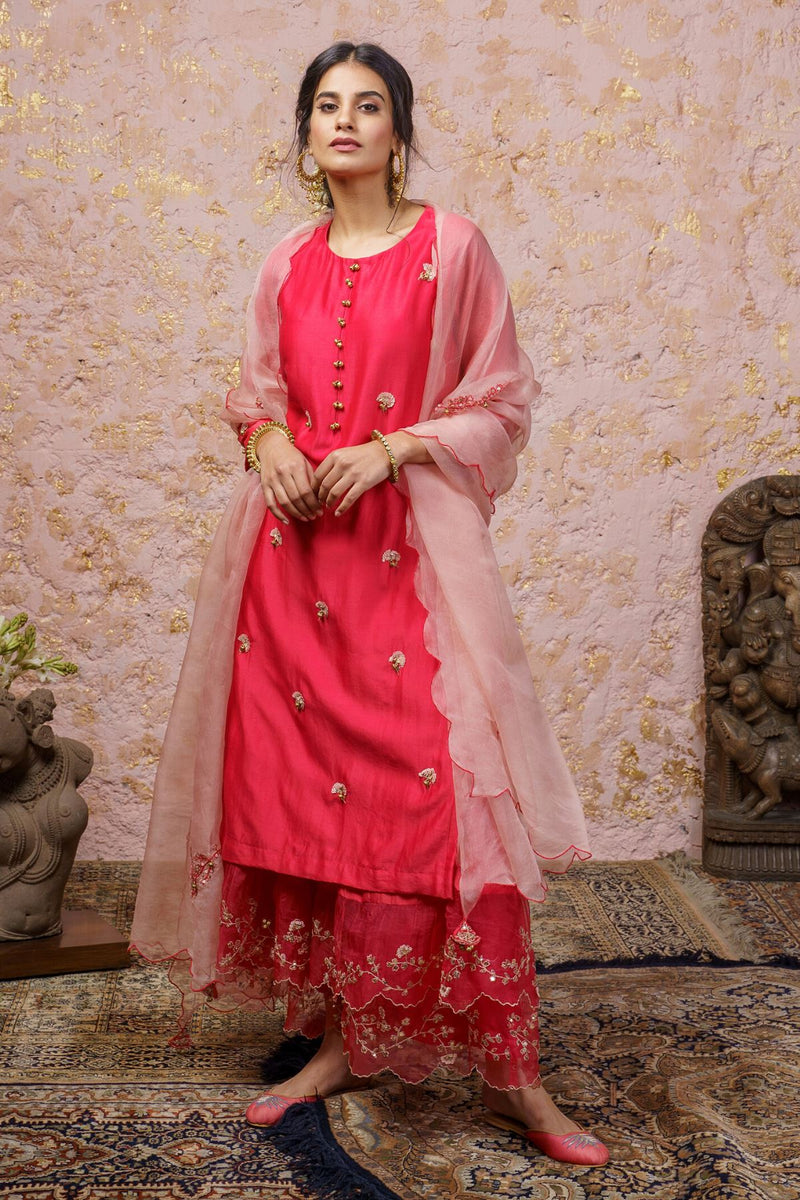 Pink Brocade Double Layered Jacket Style Kurti with Pink Mirror Stone Net  Dupatta - anokherang - 2860283