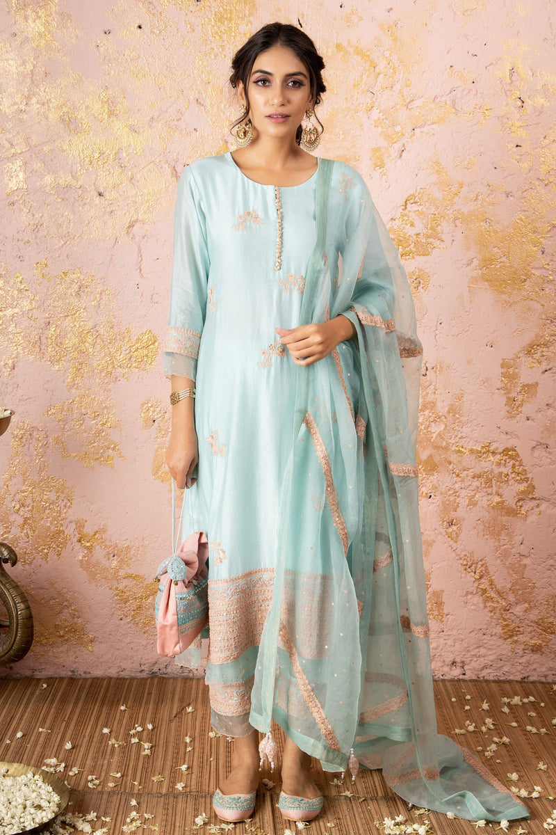 Pastel Blue KurtaSet With Pants And Dupatta - Naaz By Noor